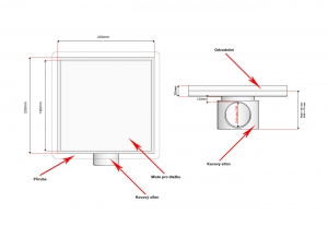 Podlahová vpusť 200x200 pro obklad, nerezový sifon