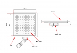 Podlahová vpusť 100x100, plastový sifon